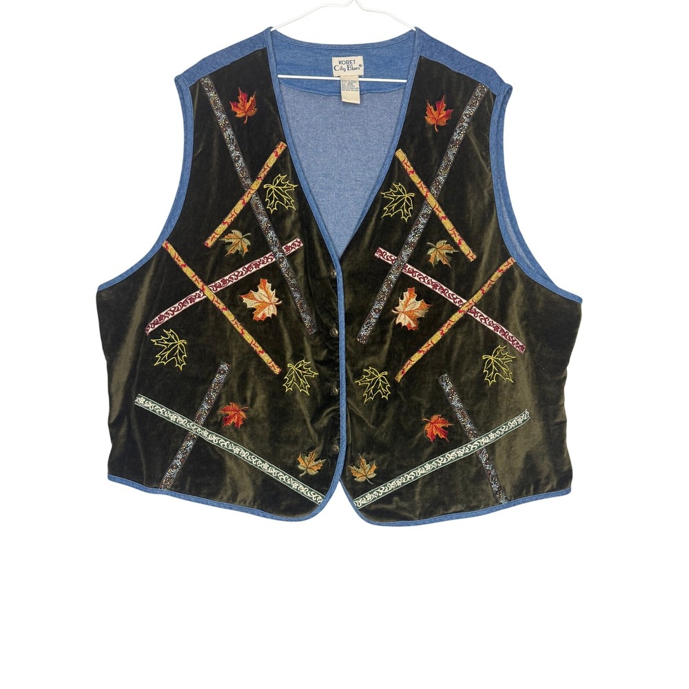 Koret City Blues Vest 26W Brown Velvet Denim Autumn Leaves Fall Vintage 90s